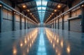 Spacious modern industrial warehouse with reflective floor, modern lighting. Empty logistics facility interior. Clean, organized Royalty Free Stock Photo