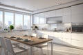 Spacious modern kitchen interior in white with large window offering skyline view and sunrise Royalty Free Stock Photo