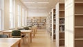 Modern Library Interior with Empty Study Tables and Bookshelves bathed in Natural Light, Ideal for Education and Researc Royalty Free Stock Photo