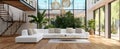 The spacious modern living room featuring a bright white sofa and lush greenery. AI generated image Royalty Free Stock Photo
