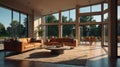 Spacious modern living room with large windows and orange leather sofas Royalty Free Stock Photo