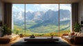 Spacious modern living room with panoramic mountain views Royalty Free Stock Photo