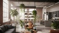 Modern loft apartment with open plan living and kitchen area interior Royalty Free Stock Photo