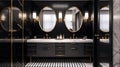 Spacious modern luxury master bathroom with two sinks. Black glossy walls, black cabinet with drawers and marble top Royalty Free Stock Photo