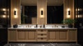 Spacious modern master bathroom with two sinks. Black glossy walls, large precious wooden cabinet with marble top, large