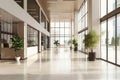 Spacious modern office hall with panoramic windows in natural beige and brown tones Royalty Free Stock Photo