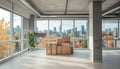 Spacious modern office interior with cardboard boxes and large windows. concept of office moving, workspace transition Royalty Free Stock Photo