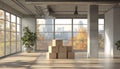 Spacious modern office interior with cardboard boxes and large windows. concept of office moving, workspace transition Royalty Free Stock Photo