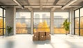 Spacious modern office interior with cardboard boxes and large windows. concept of office moving, workspace transition Royalty Free Stock Photo