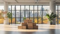 Spacious modern office interior with cardboard boxes and large windows. concept of office moving, workspace transition Royalty Free Stock Photo