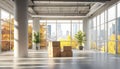 Spacious modern office interior with cardboard boxes and large windows. concept of office moving, workspace transition Royalty Free Stock Photo
