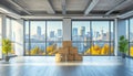 Spacious modern office interior with cardboard boxes and large windows. concept of office moving, workspace transition Royalty Free Stock Photo