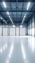 Spacious modern warehouse interior with reflective floor and overhead sectional doors Royalty Free Stock Photo