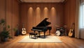 Spacious music studio with grand piano guitars, drum set, under soft studio lighting. Empty room for music practice. Modern music Royalty Free Stock Photo