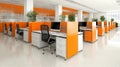 A spacious office area showcases organized workstations with orange dividers, modern chairs, and computer setups, creating a Royalty Free Stock Photo