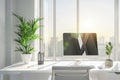 Spacious office, soft light, tidy desk, and vibrant plant against a city skyline for a professional vibe