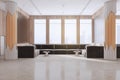 Spacious office waiting area with couch, window with city view and daylight, concrete walls and floor and decorative pillar. 3D Royalty Free Stock Photo