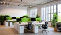 Spacious open space office with modern furniture, office chairs, work desks, green natural plants, and LED lighting. Workspace Royalty Free Stock Photo