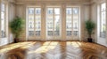 Spacious Parisian apartment with sun-drenched floors and grand windows Royalty Free Stock Photo
