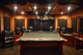 Spacious recording studio with modern equipment, mixing desk, and acoustic design