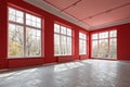 Spacious red room with large windows Royalty Free Stock Photo