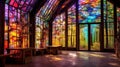 Spacious room with beautiful stained glass windows.