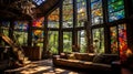 Spacious room with beautiful stained glass windows.