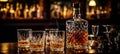 Spacious Room with Beautifully Lit Atmosphere. Exquisite Whiskey on Luxurious Wooden Table