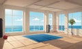 spacious room with large windows overlooking the ocean, featuring blue mat, red and black boxing ring, and Royalty Free Stock Photo