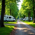 Spacious RV campsite with hookups surrounded by trees leisure shadow Royalty Free Stock Photo