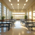 Spacious School Cafeteria with Rows of Tables and Natural Light interior empty Royalty Free Stock Photo