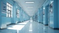 Spacious and serene hospital hallway with reception clinic in light blue and white tones