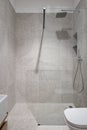 Spacious shower with glass wall in bathroom with patterned tiles