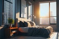 Spacious and stylish bedroom with cozy bed in wooden fame, big mirror, small window and decorations Royalty Free Stock Photo