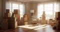 Cardboard boxes fill a sunny room ready for moving day Royalty Free Stock Photo
