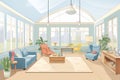 spacious sunroom interior in colonial revival home, magazine style illustration Royalty Free Stock Photo
