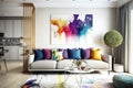 Spacious and tasteful living room decorated with a colorful sofa, table, and artwork Royalty Free Stock Photo