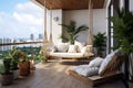 Spacious terrace with city view and cozy furniture