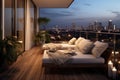 Spacious terrace with city view and cozy furniture