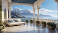 The spacious terrace with classical columns and balustrade offers a picturesque panoramic view of the sea and mountain peaks. Royalty Free Stock Photo