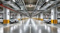 Spacious underground parking garage with white vehicles lined up under bright lighting and concrete ceiling Royalty Free Stock Photo
