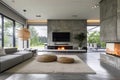 Spacious villa interior with cement wall effect, fireplace and tv. Royalty Free Stock Photo