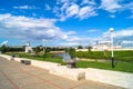 Spacious walking area near the bay of the Tmaka river and Church of St.Michael in the background. Tver. Russia..