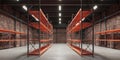The spacious warehouse featuring modern orange shelving units against brick walls. AI generated image Royalty Free Stock Photo