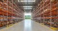 Spacious warehouse interior featuring high vertical racks with orange beams for Royalty Free Stock Photo