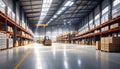 Spacious Warehouse Interior with Forklift and Shelves of Goods Royalty Free Stock Photo