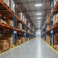Spacious warehouse interior with high, multi-tiered shelving units loaded with Royalty Free Stock Photo