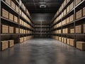 Spacious Warehouse Interior with Rows of Shelves Filled with Boxes Royalty Free Stock Photo