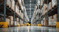 Spacious Warehouse Interior with Shelves of Cardboard Boxes and Forklift Royalty Free Stock Photo