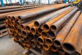 Rusty metal tubes stacked neatly in a large industrial warehouse Royalty Free Stock Photo